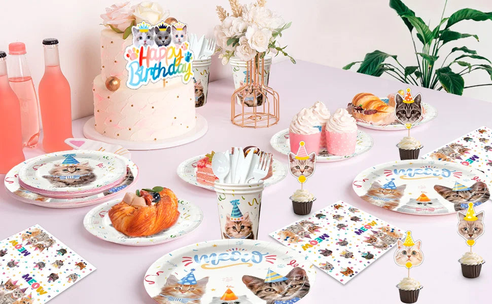 Cat Birthday Party Supplies,167pcs Birthday Decorations &Theme Tableware Set-Party Plates Napkins Tablecloth&Banner Balloons etc