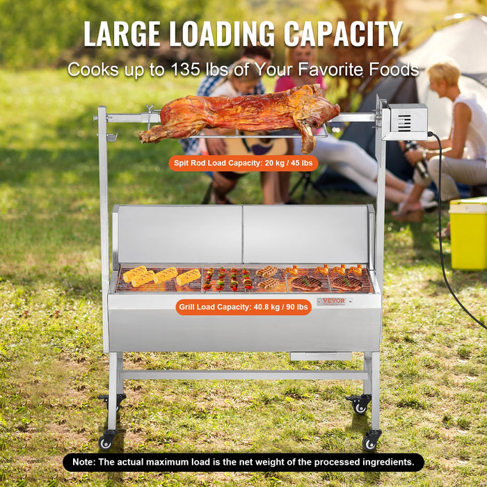 VEVOR Rotisserie Grill w/Windscreen BBQ Whole Pig Lamb Goat Charcoal Spit Grill, 35 Inch w/Lockable Wheels for Camping Outdoor