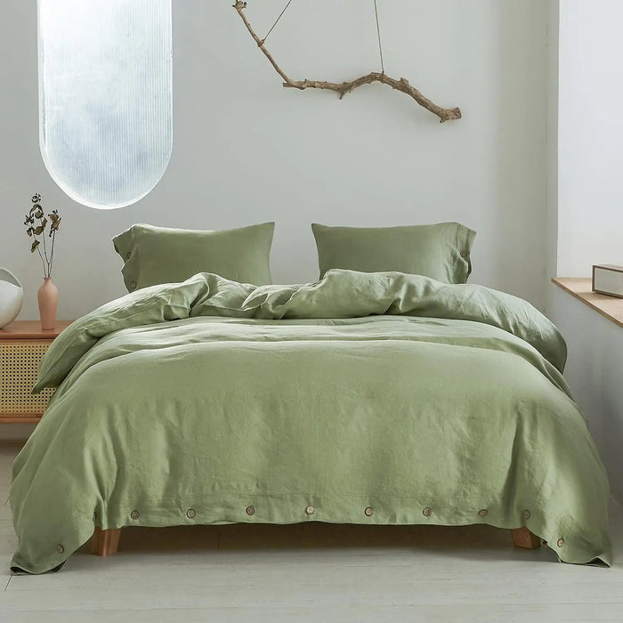 Simple&Opulence 100% Linen 3Pcs Bedding Set  Natural Flax Breathable King Size with Coconut Button Comforter Duvet Cover Set