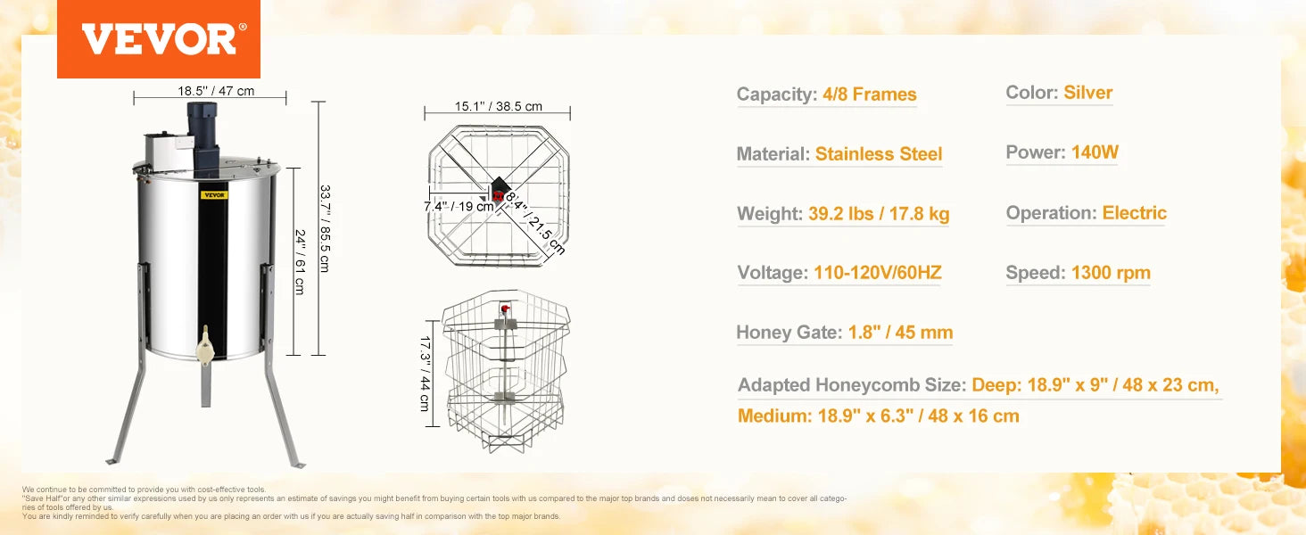 VEVOR Electric Honey Extractor 4/8 Frame Stainless Steel Beekeeping Extraction Honeycomb Drum Spinner w/Transparent Lid Silver