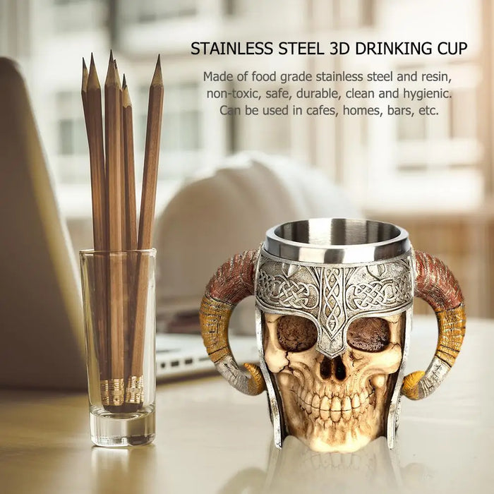 Stainless Steel Skull Mug Viking Drinking Cup Skeleton Resin Beer Stein Tankard Coffee Mug Tea Cup Halloween Gift Bar Drinkware