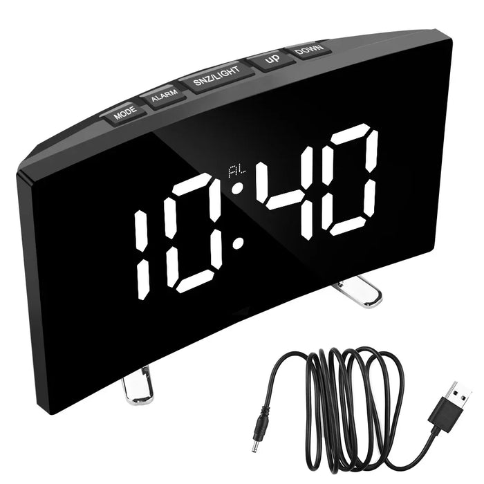 Digital Alarm Clock Large Number Table Clock  Decors   Curved Dimmable Mirror Clock 7 Inch   Bedroom