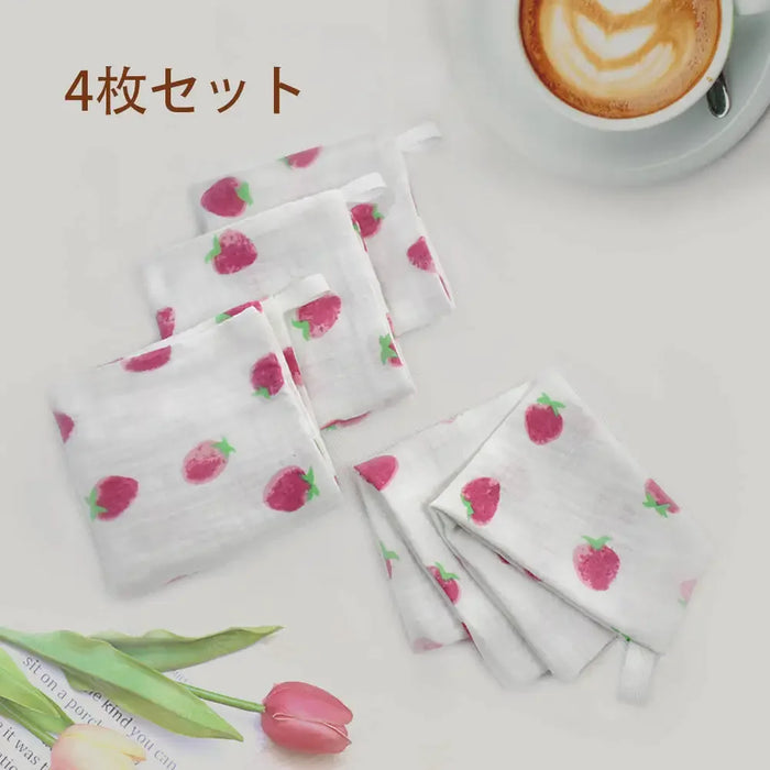 4Pcs/Set Gauze Cotton Towel Soft Square 4-Layer Hand Towels 25x25cm Strawberry Handkerchief Cute Wipe Cloth  Children Adult