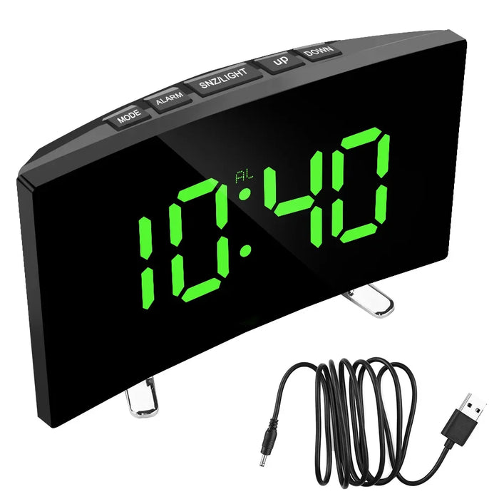 Digital Alarm Clock Large Number Table Clock  Decors   Curved Dimmable Mirror Clock 7 Inch   Bedroom