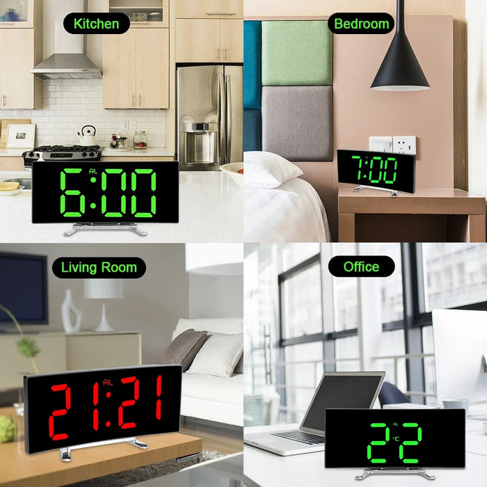 Digital Alarm Clock Large Number Table Clock  Decors   Curved Dimmable Mirror Clock 7 Inch   Bedroom