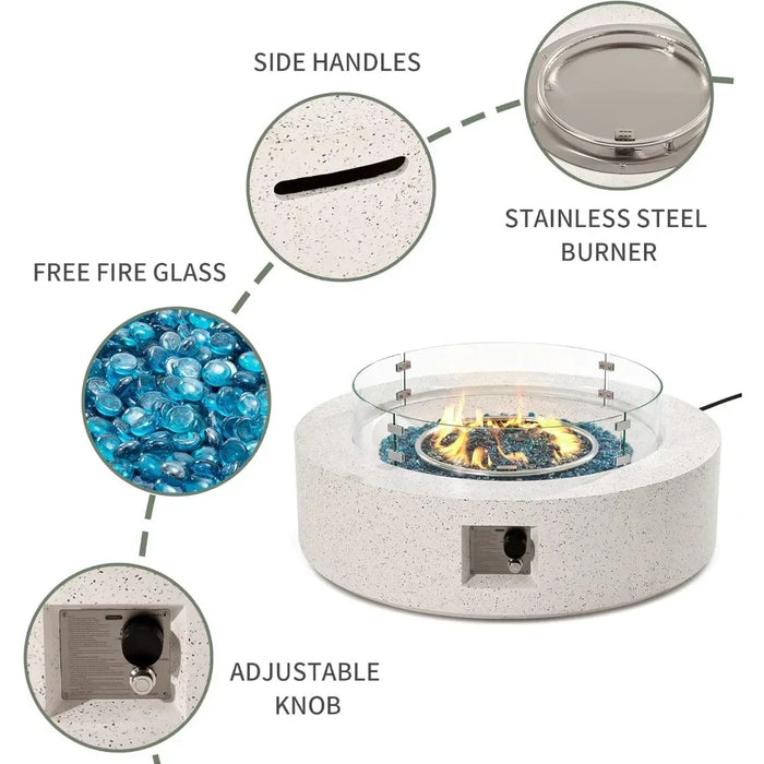 Outdoor Propane Fire Pit Coffee Table W Terrazzo 40.5-inch Round Base Patio Heater, 50,000 BTU Stainless Steel Burner Wind Guard