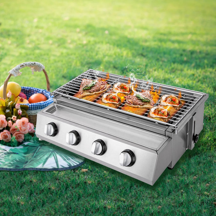 4 Burners Stainless Steel Counter Top Barbecue LPG Gas Grill  Removable BBQ Smokeless Grill for Camping Home Party