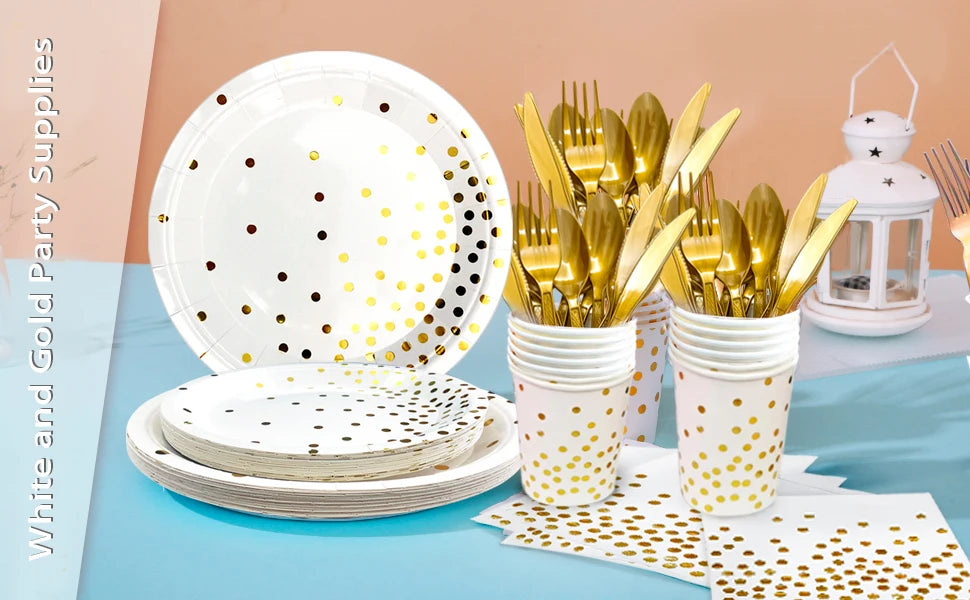 White And Gold Party Supplies 193pcs Golden Dot Disposable Party Dinnerware Set - White and Gold Party Paper Plates Cups Napkins