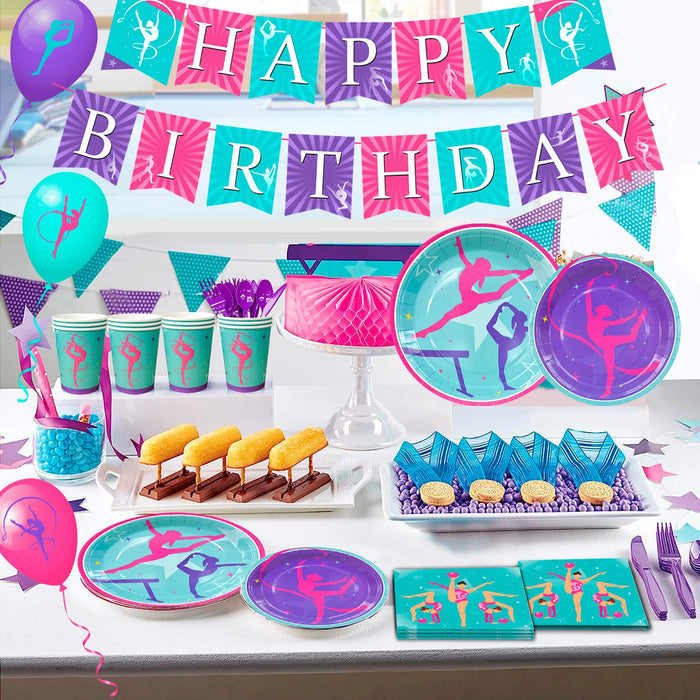 Gymnastics Birthday Party Supplies,140pcs Decorations&Tableware Kit-Gymnastics Plates and Napkins Cups Tablecloth Balloons etc