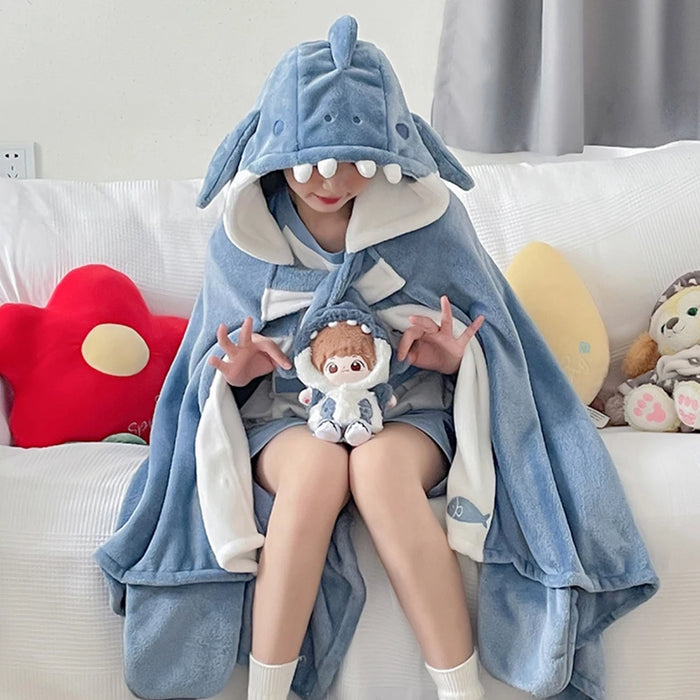 Shark Blanket Adult Cartoon Pajama Hooded Winter Warm Blanket Coral Fleece Homewear Shark Wearable Sofa Blanket Cloak