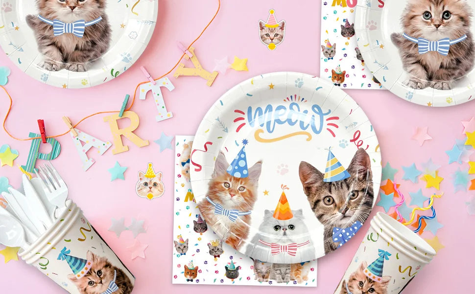 Cat Birthday Party Supplies,167pcs Birthday Decorations &Theme Tableware Set-Party Plates Napkins Tablecloth&Banner Balloons etc