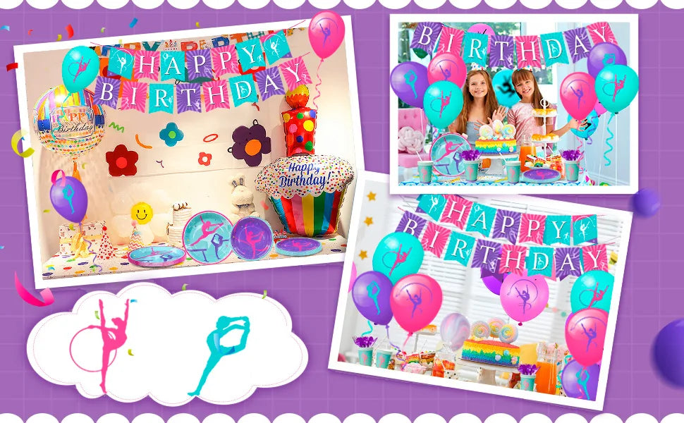 Gymnastics Birthday Party Supplies,140pcs Decorations&Tableware Kit-Gymnastics Plates and Napkins Cups Tablecloth Balloons etc