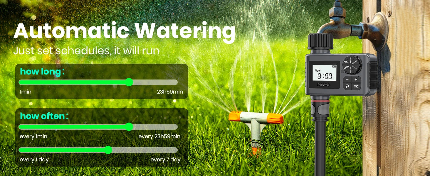 INSOMA Automatic Water Timer Intelligent Irrigation Watering System Sprinkler Timer Garden Programmer Equipment LCD Display IPX5