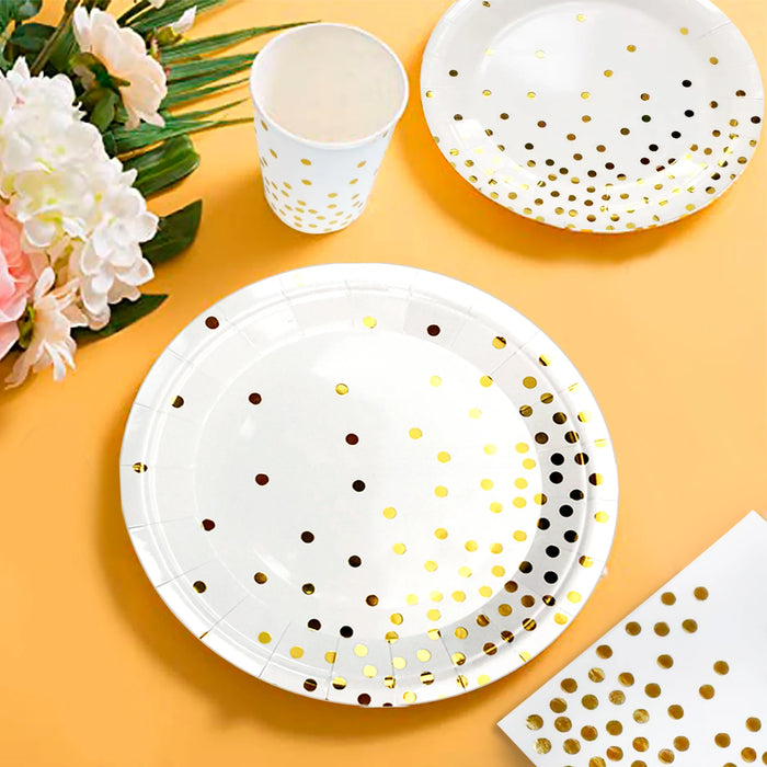 White And Gold Party Supplies 193pcs Golden Dot Disposable Party Dinnerware Set - White and Gold Party Paper Plates Cups Napkins