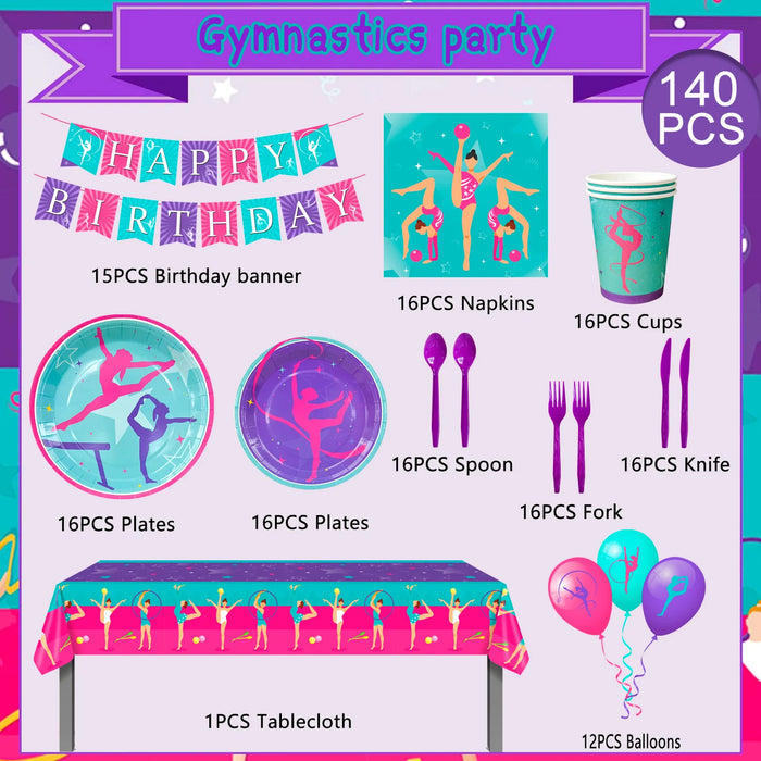 Gymnastics Birthday Party Supplies,140pcs Decorations&Tableware Kit-Gymnastics Plates and Napkins Cups Tablecloth Balloons etc