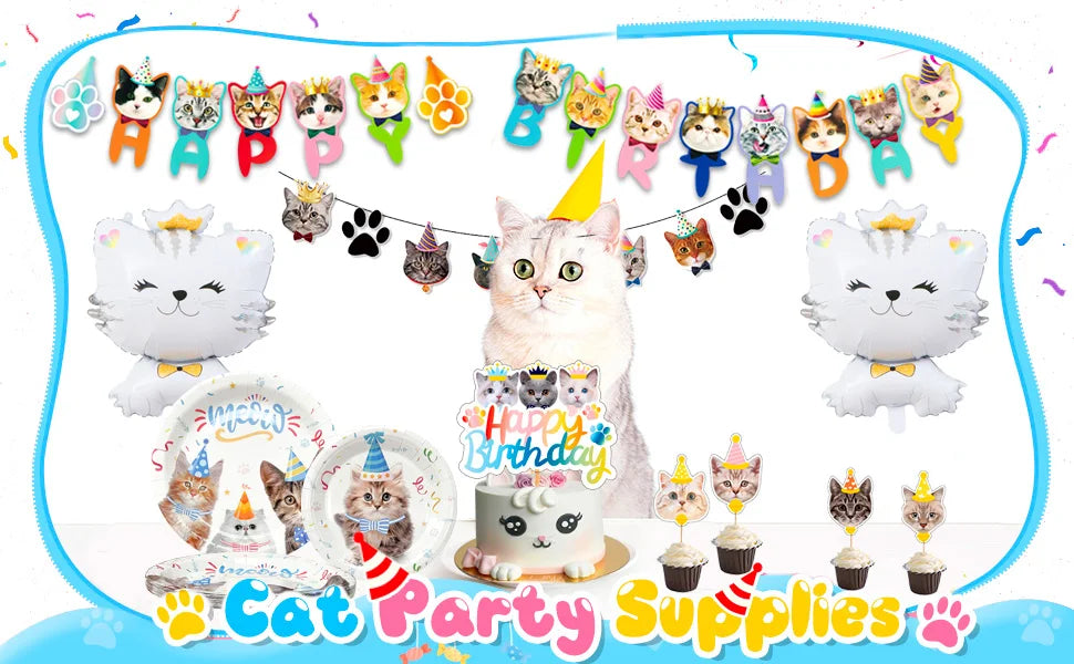 Cat Birthday Party Supplies,167pcs Birthday Decorations &Theme Tableware Set-Party Plates Napkins Tablecloth&Banner Balloons etc