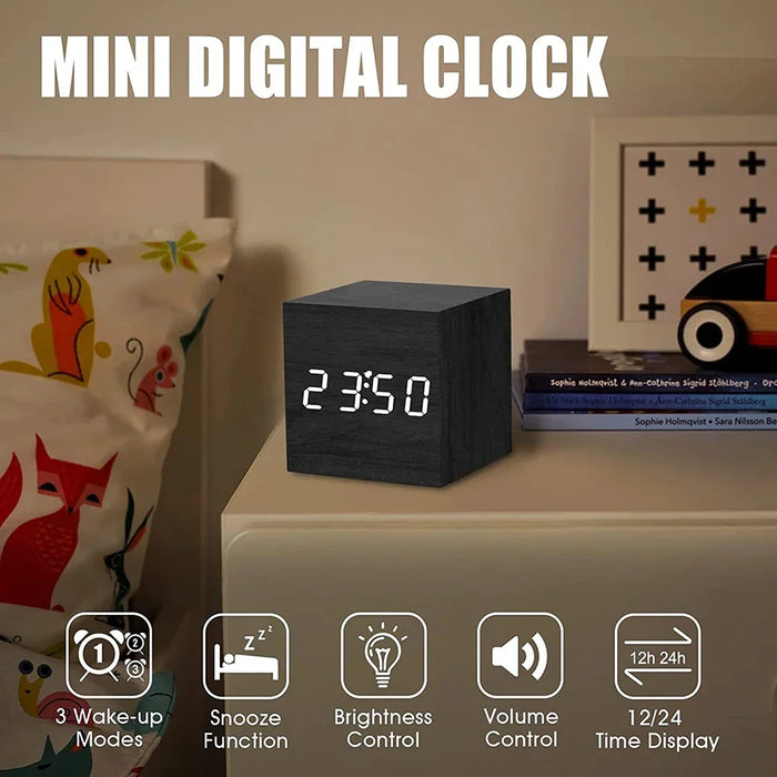 Wooden Digital Alarm Clock with Temperature LED Bedside Clock USB/Battery Powered LED Clock Art Ornament for Office Room Decor