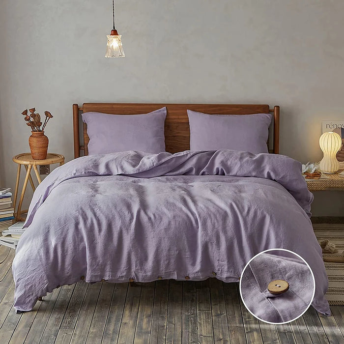 Simple&Opulence 100% Linen 3Pcs Bedding Set  Natural Flax Breathable King Size with Coconut Button Comforter Duvet Cover Set