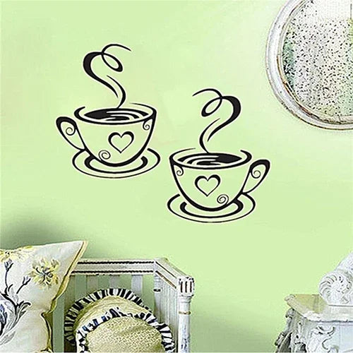 Black Coffee Cups Wall Art Stickers PVC  Kitchen Restaurant Cafe Tea Wall Sticker Coffees Cups Sticker Wall Decal Decor DIY