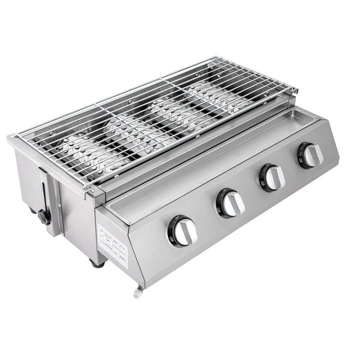 4 Burners Stainless Steel Counter Top Barbecue LPG Gas Grill  Removable BBQ Smokeless Grill for Camping Home Party