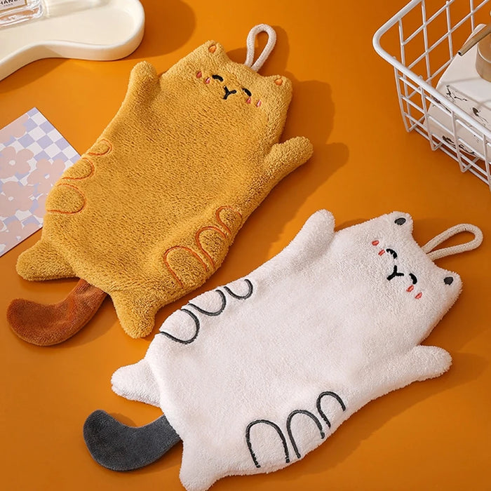 Cute Hand Towels Cat Hanging Towel Coral Fleece Kitchen Cleaning Rags Bathroom Absorbent Quick Dry Handkerchiefs  Decor