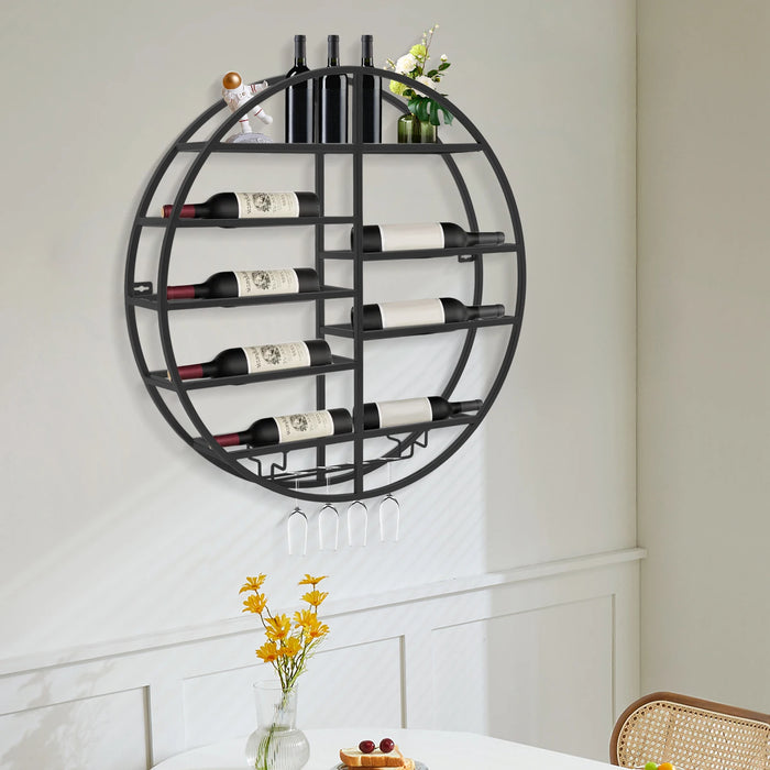 Round Wine Display Rack Bottle Shelf with Glass Holder Home Kitchen Wine Cellar Black/Gold