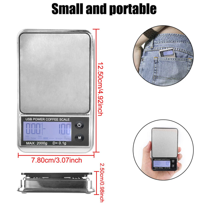 Mini Pocket Scale 1000g/0.01g Electronic Scale Auto Timer Digital Kitchen Coffee Scale High Precision Cyclic Rechargeable