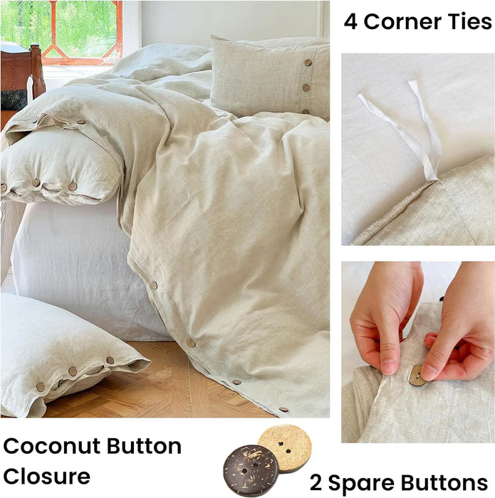 Simple&Opulence 100% Linen 3Pcs Bedding Set  Natural Flax Breathable King Size with Coconut Button Comforter Duvet Cover Set