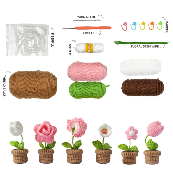 1/6pcs Crochet Potted Flower Kit Handmade DIY Tulip Tutorial Cotton Knitting Yarn Thread Needles Hooks Knit Tool Set Home Decor