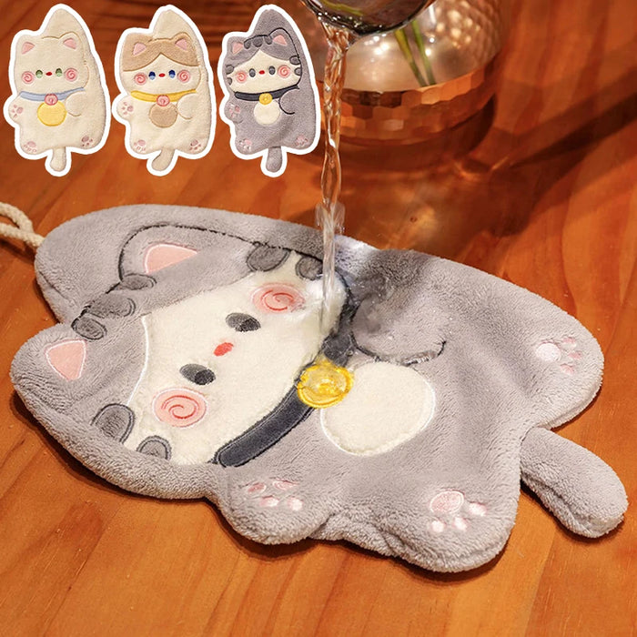 Cute Hand Towels Cat Hanging Towel Coral Fleece Kitchen Cleaning Rags Bathroom Absorbent Quick Dry Handkerchiefs  Decor