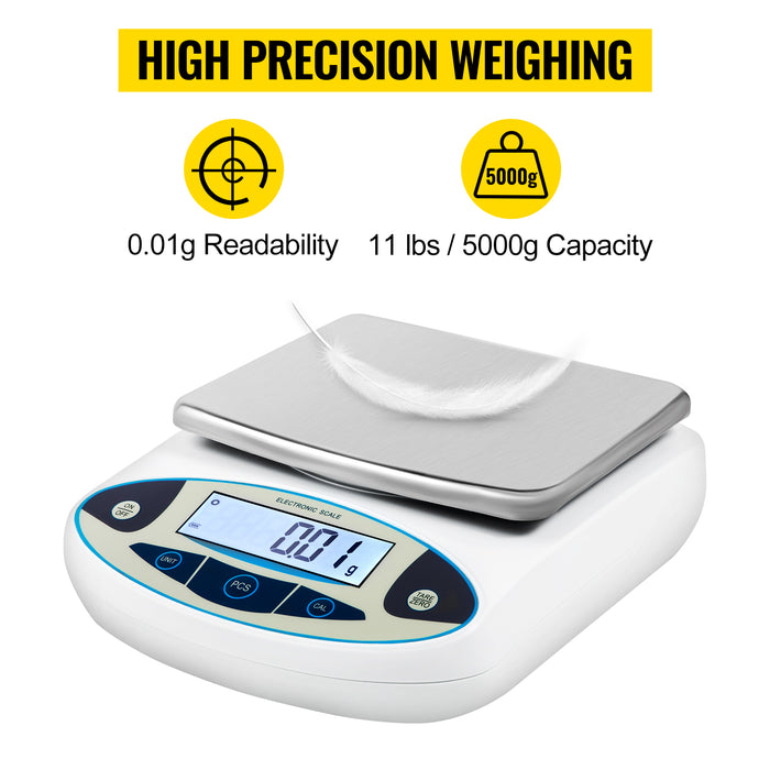 VEVOR Kitchen Scale 5000g x 0.01g Lab Analytical Balance W/ LCD Backlit Screen Digital Weight Mini Precision Pocket Electronic