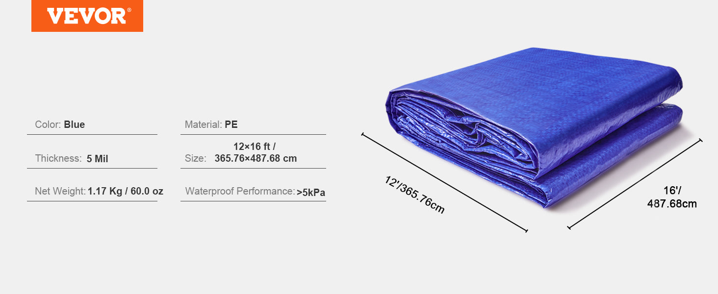 VEVOR Heavy Duty Tarp 16 Mil Thick  Waterproof Tear Proof Poly Plastic Tarps Cover  Multi-Purpose Outdoor Tarpaulin for Truck