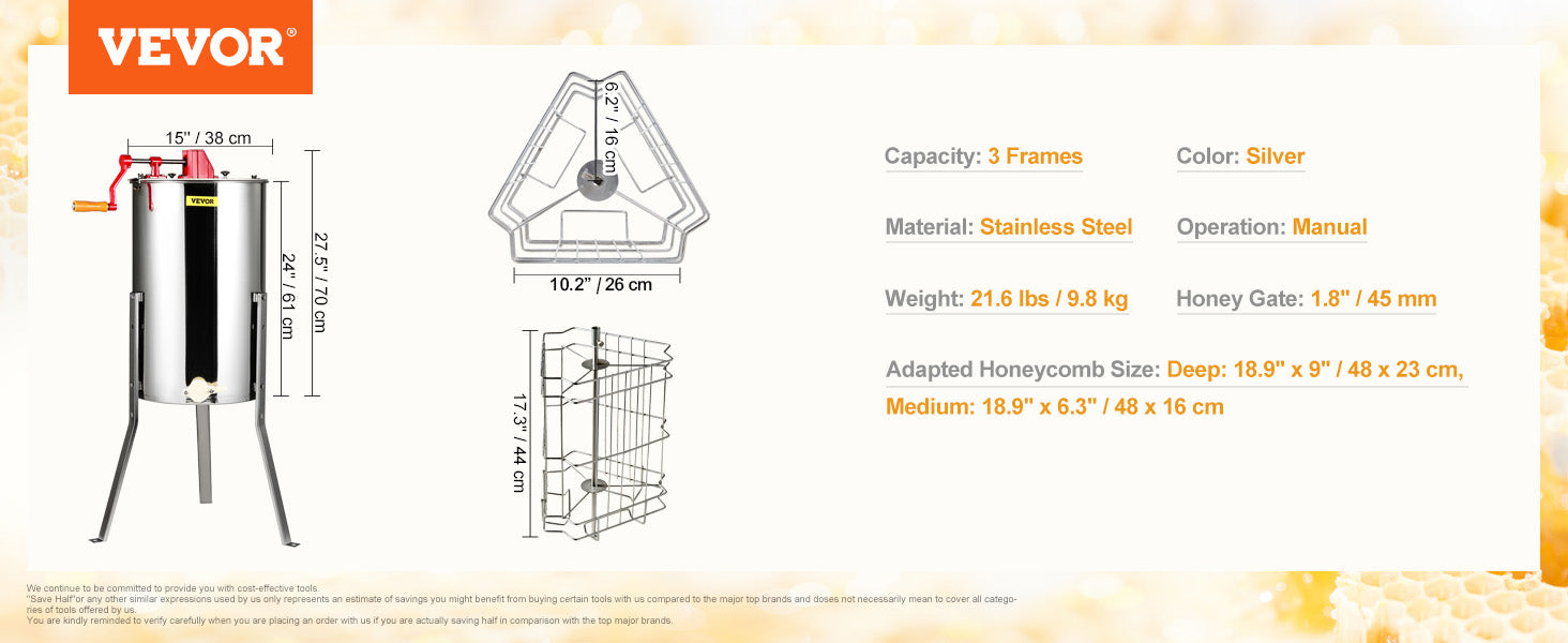 VEVOR Manual Honey Extractor 3 Frames Honey Spinner Extractor Stainless Steel Beekeeping Extraction with Height Adjustable Stand