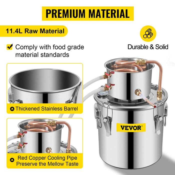 VEVOR Alcohol Still 3Gal/12L Stainless Steel Alcohol Distiller Copper Tube Home Brewing Kit  for DIY Whisky Wine Brandy