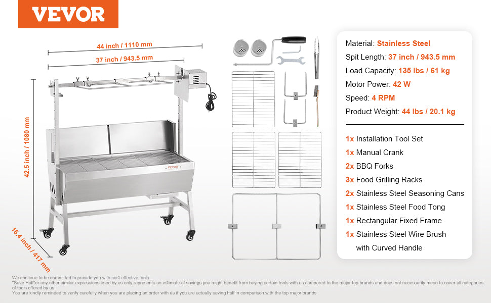 VEVOR Rotisserie Grill w/Windscreen BBQ Whole Pig Lamb Goat Charcoal Spit Grill, 35 Inch w/Lockable Wheels for Camping Outdoor