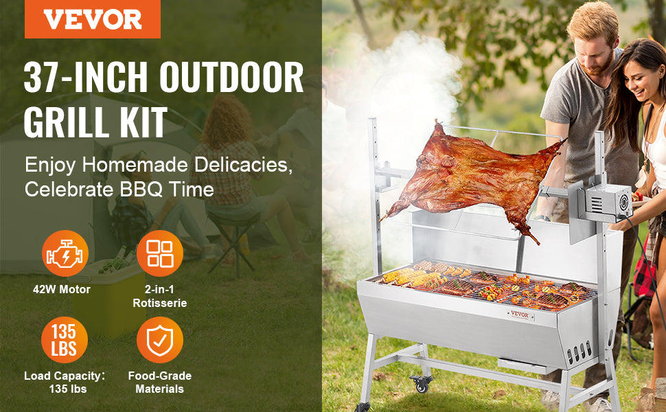 VEVOR Rotisserie Grill w/Windscreen BBQ Whole Pig Lamb Goat Charcoal Spit Grill, 35 Inch w/Lockable Wheels for Camping Outdoor