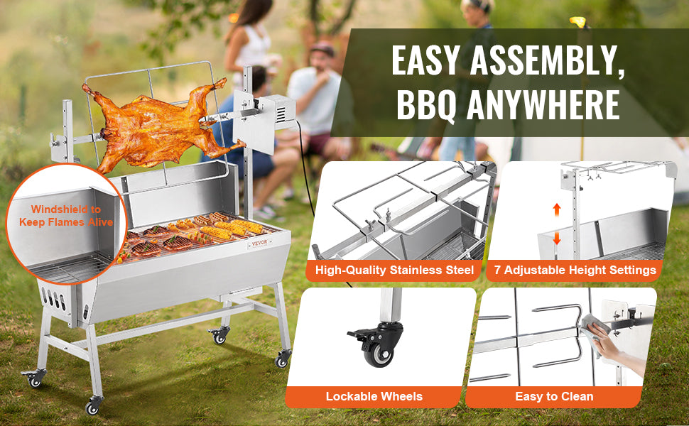 VEVOR Rotisserie Grill w/Windscreen BBQ Whole Pig Lamb Goat Charcoal Spit Grill, 35 Inch w/Lockable Wheels for Camping Outdoor